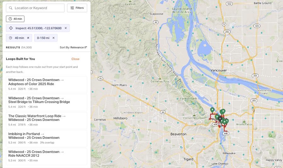 loops built for you: five loops listed with distance, climb and minutes, and one drawn on the map